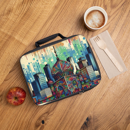 "Bright City: A Pop of Color on the Skyline" - The Alien Lunch Bag Street Art / Graffiti Style