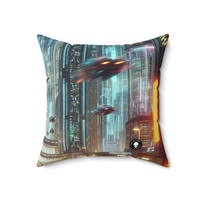 Neon Rain: A Futuristic Cityscape- The Alien Spun Polyester Square Pillow