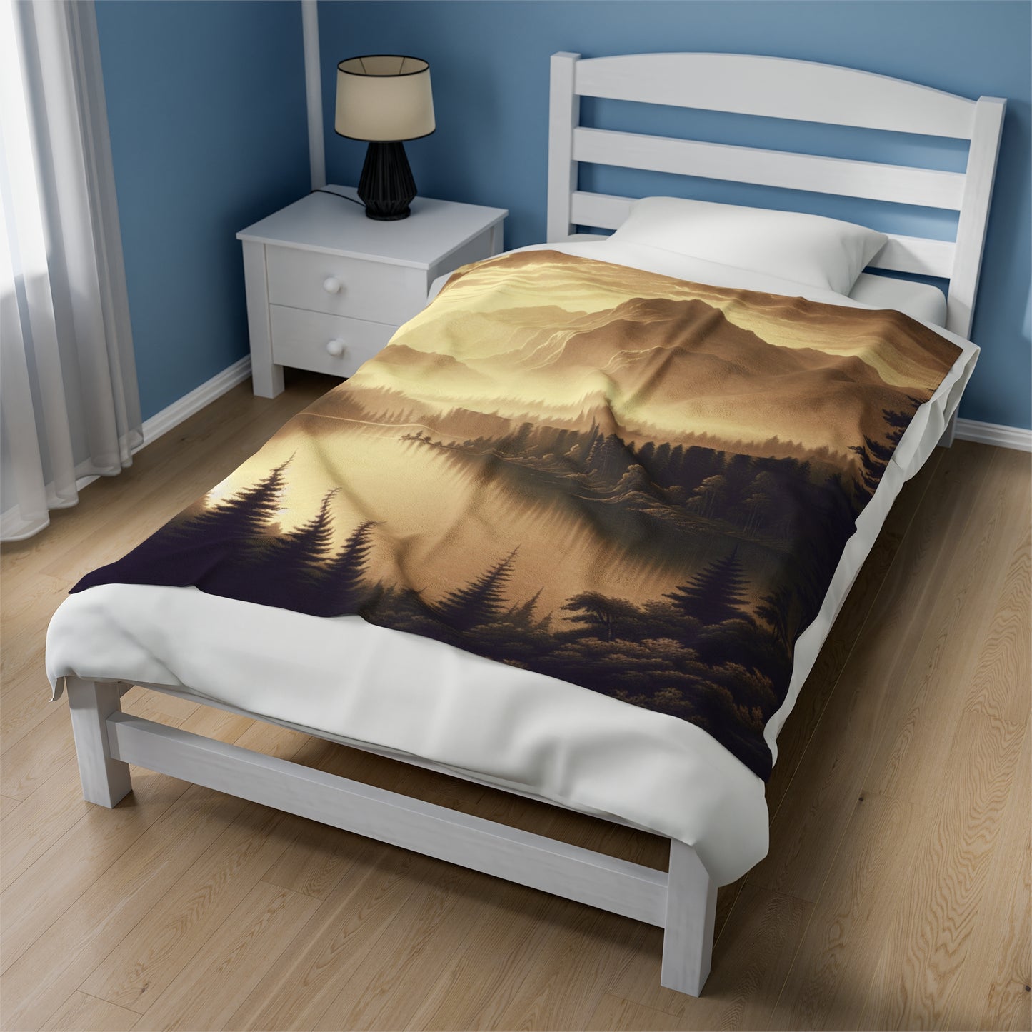 "Dawn at the Lake: A Foggy Mountain Morning" - The Alien Velveteen Plush Blanket Tonalism Style