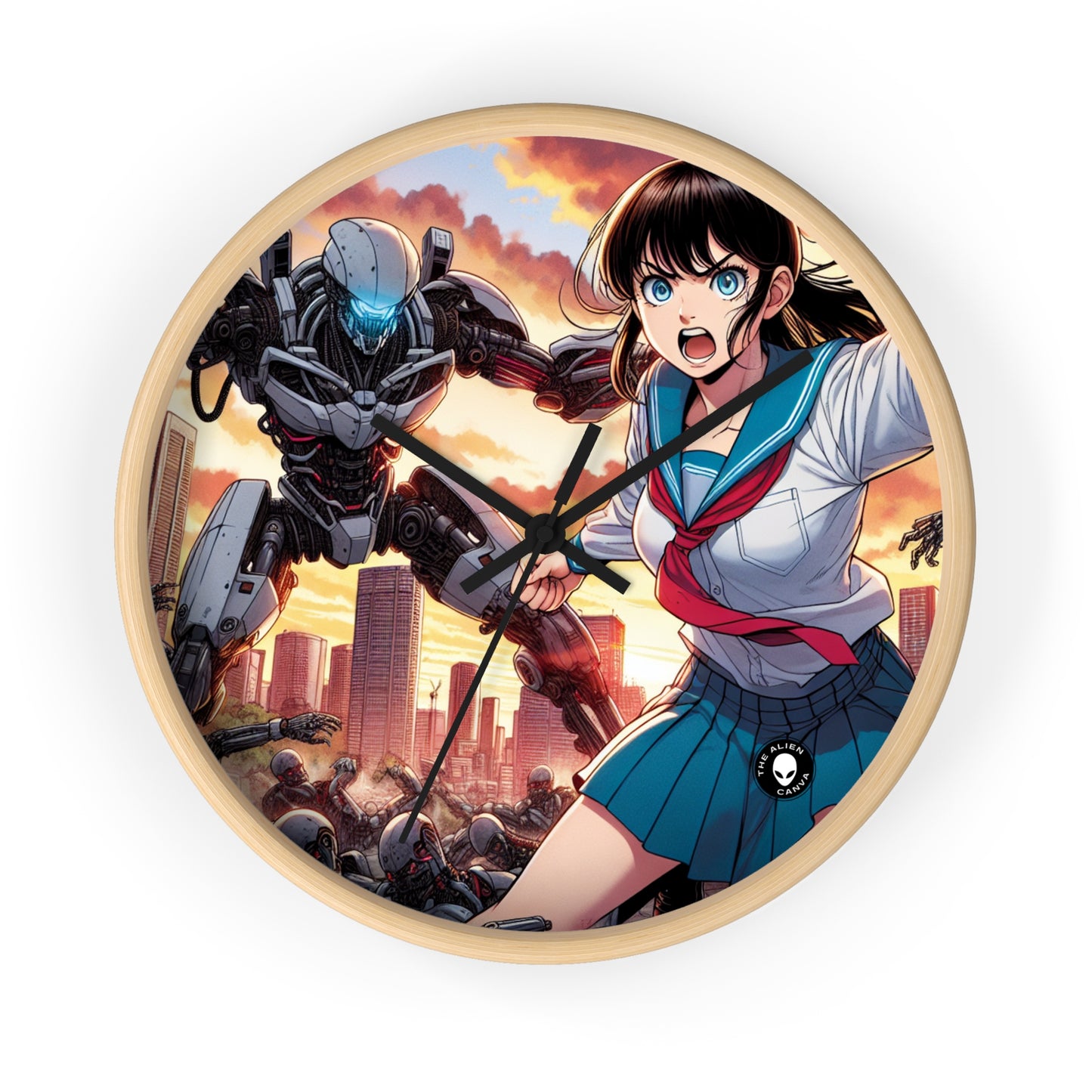 "Girl in Uniform Saves City from Invaders." - The Alien Wall Clock Manga/Anime Art