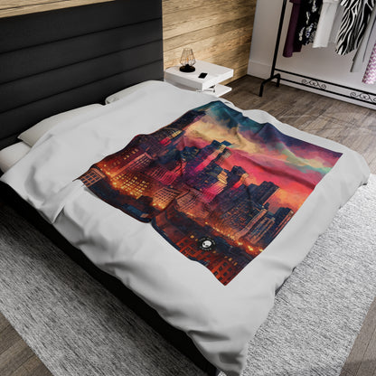 "Dusky Reflections: City Skyline at Sunset" - The Alien Velveteen Plush Blanket