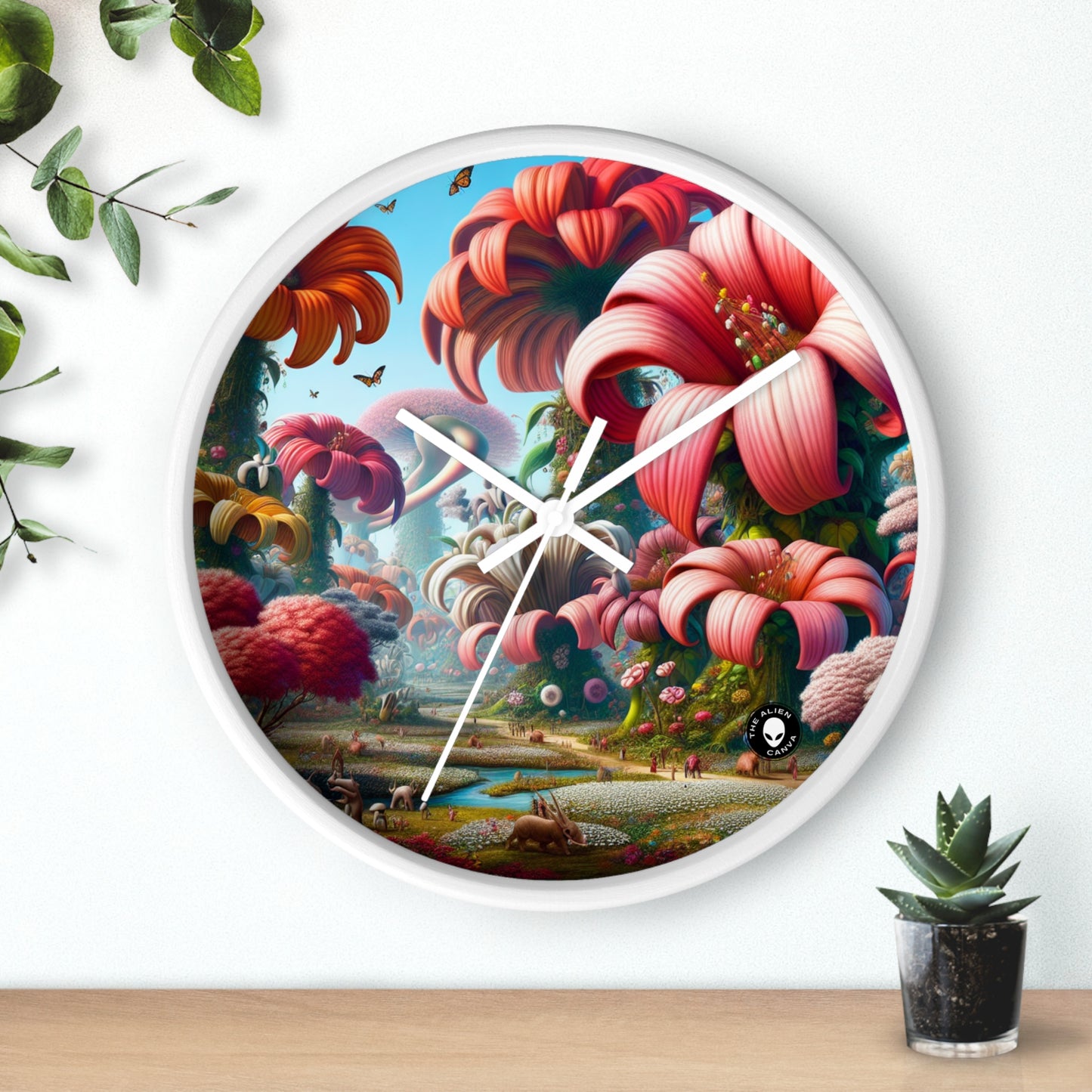 « Jardin fantaisiste : grandes fleurs et petites créatures » – L'horloge murale extraterrestre