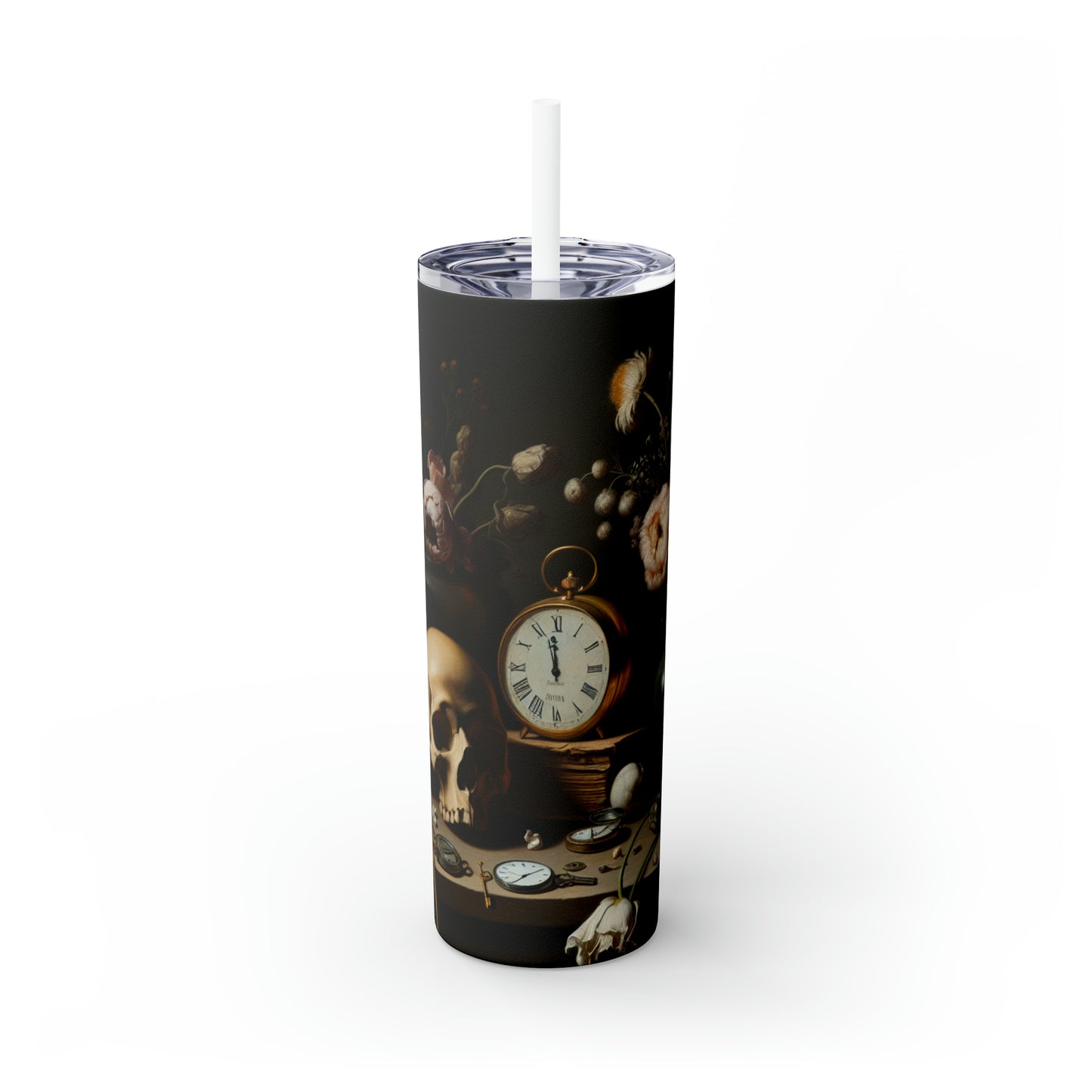 "Digital Decay: A Contemporary Vanitas Examining Consumerism in the 21st Century" - The Alien Maars® Skinny Tumbler with Straw 20oz Vanitas Painting