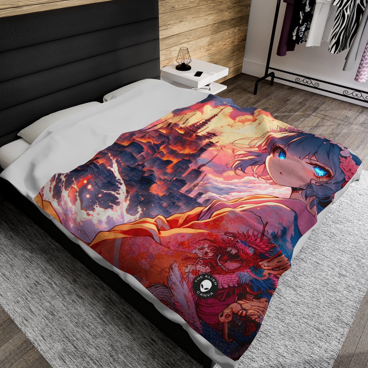 Title: "Swords ablaze: The Elemental Duel" - The Alien Velveteen Plush Blanket Manga/Anime Art