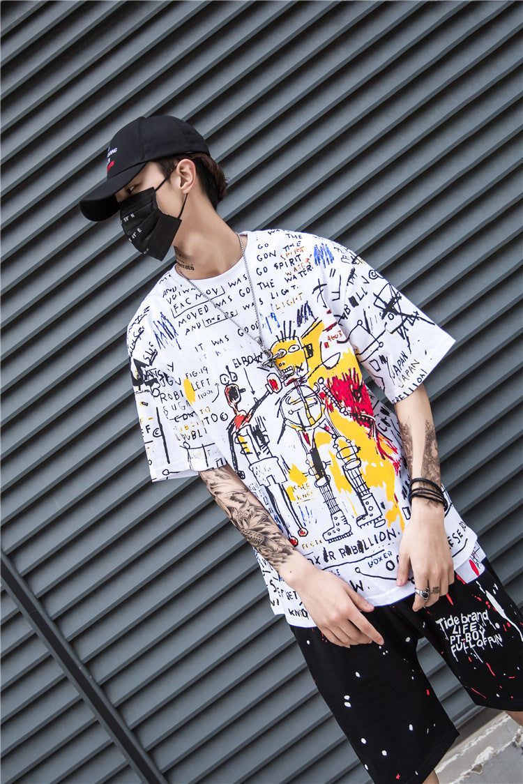 Top short sleeve graffiti T-shirt men's trend hip hop oversize loose half sleeve