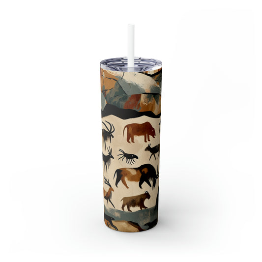 "The Discovery of Fire: A Cave Painting Tale" - The Alien Maars® Skinny Tumbler with Straw 20oz Cave Painting