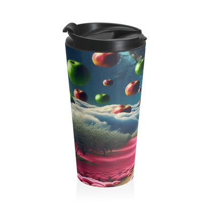 "Apple Sky and Pink Flower Carpet: A Surreal Landscape" - The Alien Stainless Steel Travel Mug