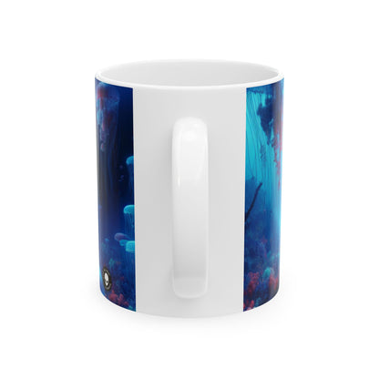 "Jellyfish Haven: Un mundo submarino surrealista" - Taza de cerámica alienígena de 11 oz