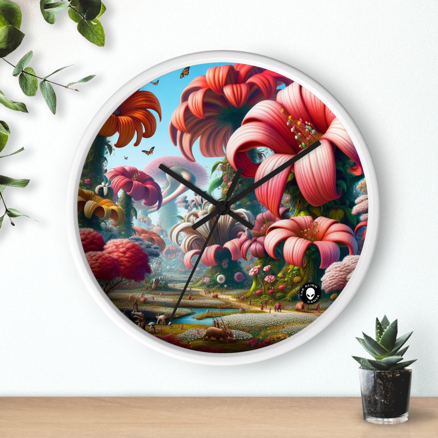 « Jardin fantaisiste : grandes fleurs et petites créatures » – L'horloge murale extraterrestre