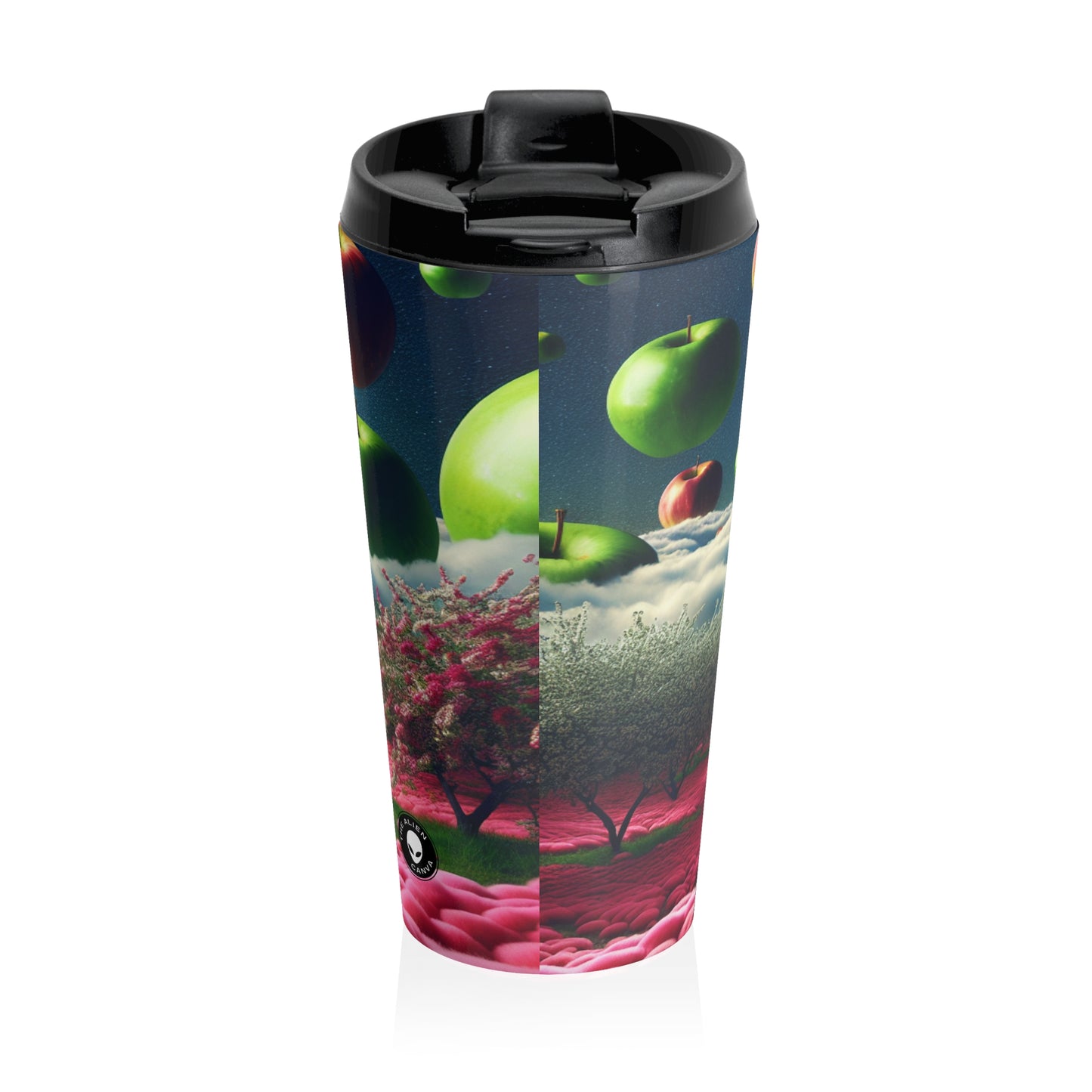 "Cielo de manzana y alfombra de flores rosas: un paisaje surrealista" - Taza de viaje de acero inoxidable The Alien