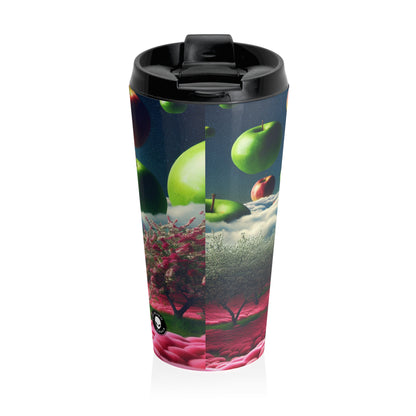 "Apple Sky and Pink Flower Carpet: A Surreal Landscape" - The Alien Stainless Steel Travel Mug