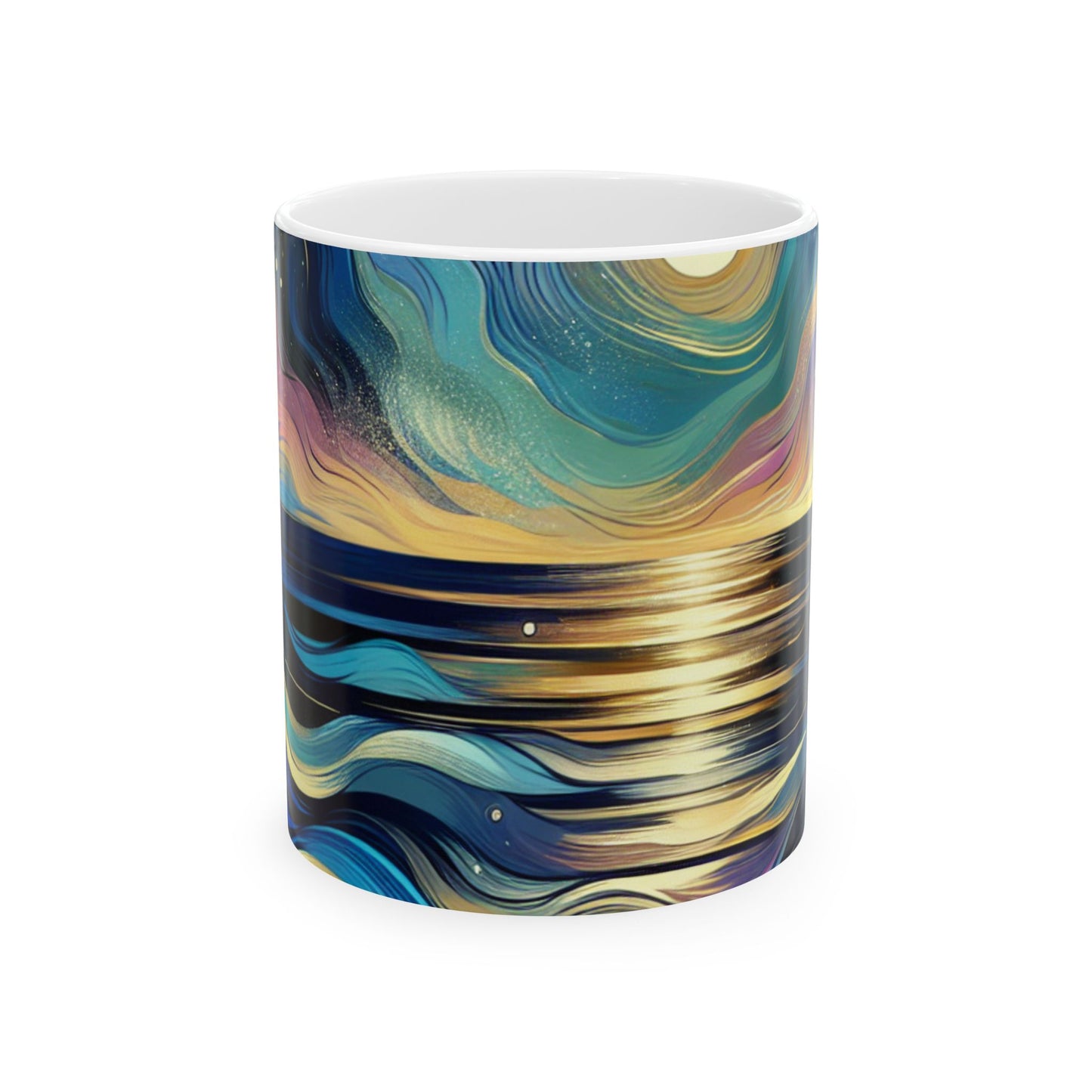 "Majestad de medianoche: Reflexiones abstractas del océano" - Taza de cerámica alienígena de 11 oz