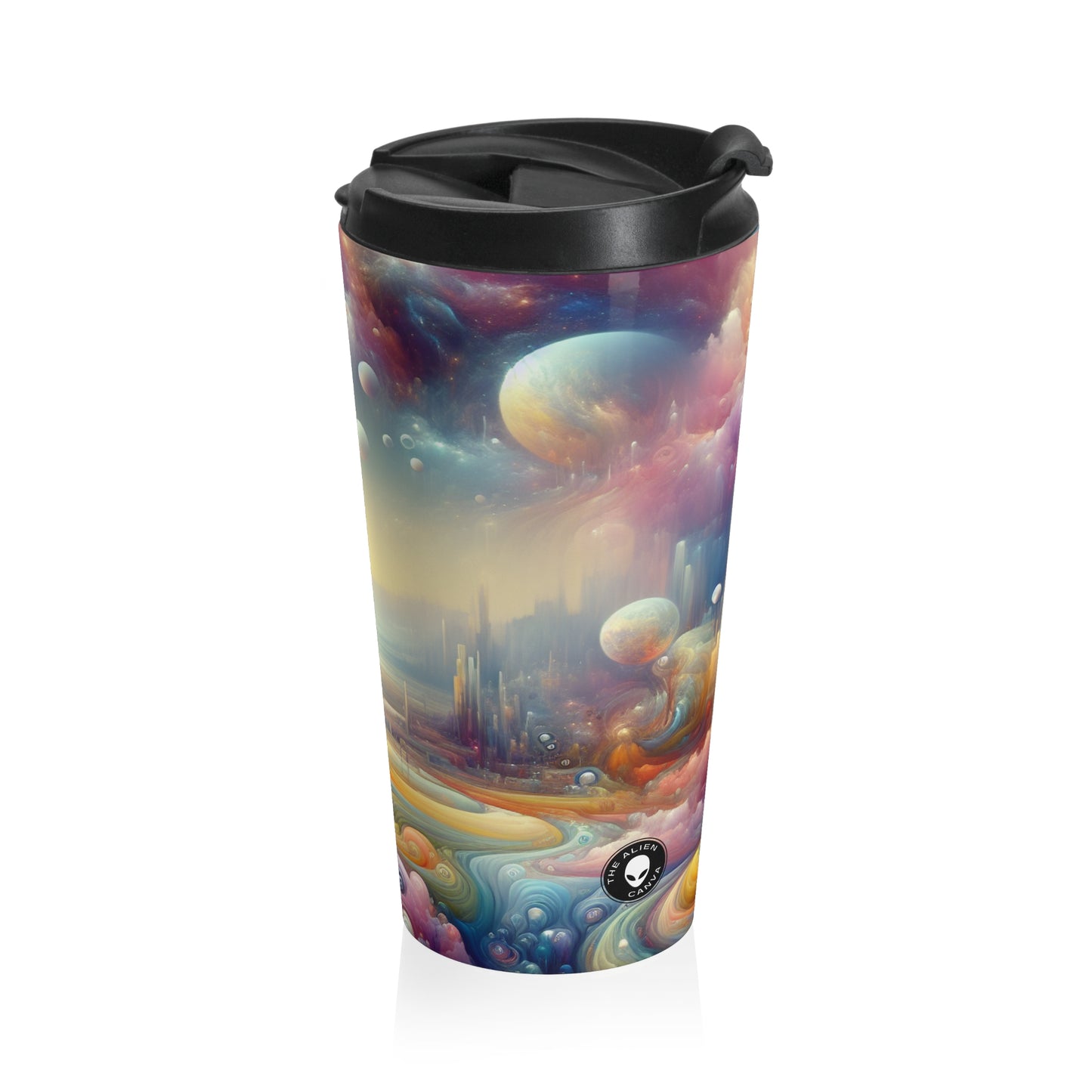 "Dreamscape Delights: A Surreal Painting" - The Alien Stainless Steel Travel Mug