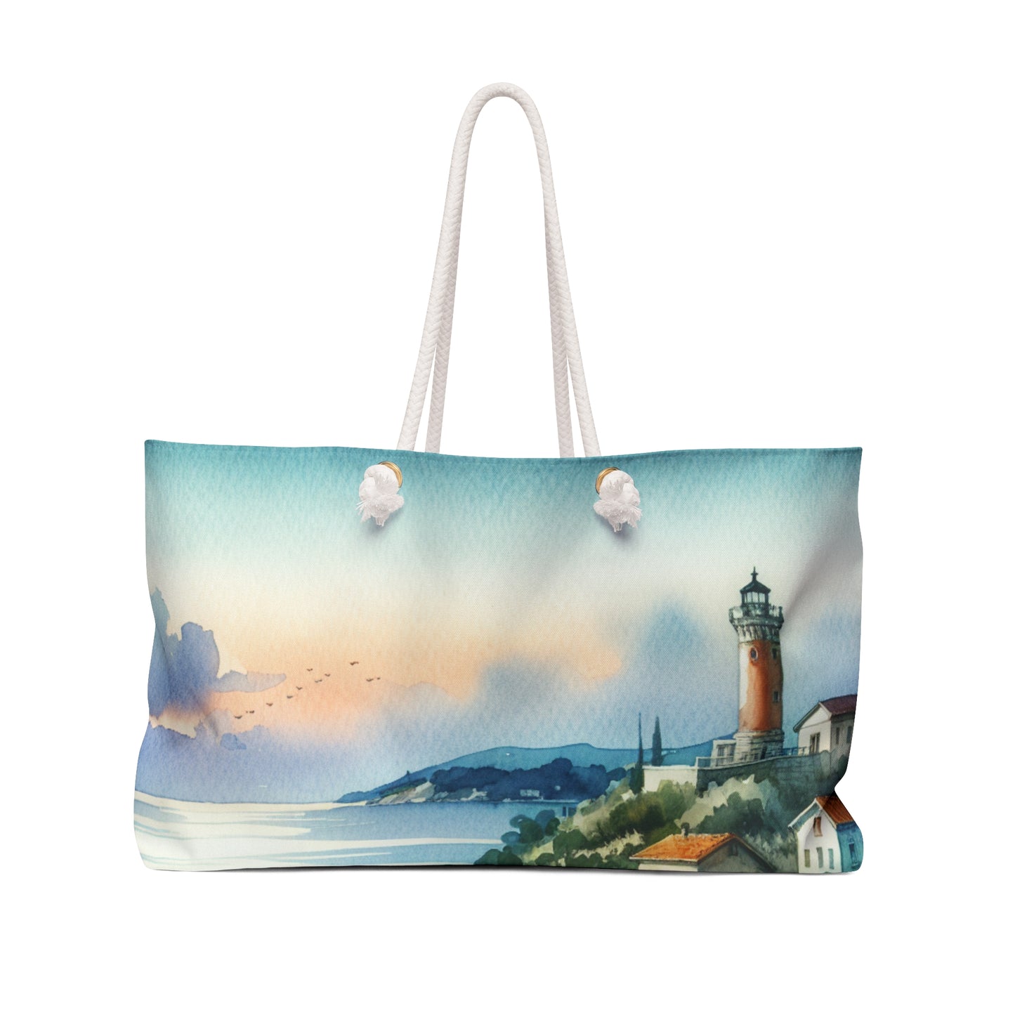 "Glimpse of a Seaside Haven" - The Alien Weekender Bag Watercolor Painting Style