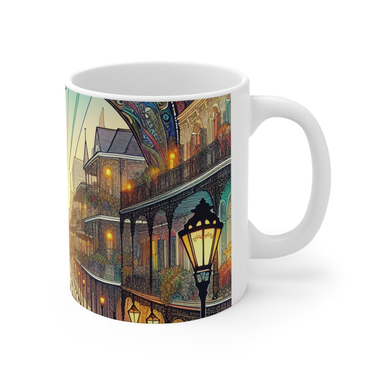 "Vivid Splendor: Una imagen del barrio francés de Nueva Orleans" - Taza de cerámica The Alien de 11 oz estilo Art Nouveau