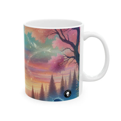 "Atardecer encantado: una pintura de un bosque mágico" - Taza de cerámica alienígena de 11 oz