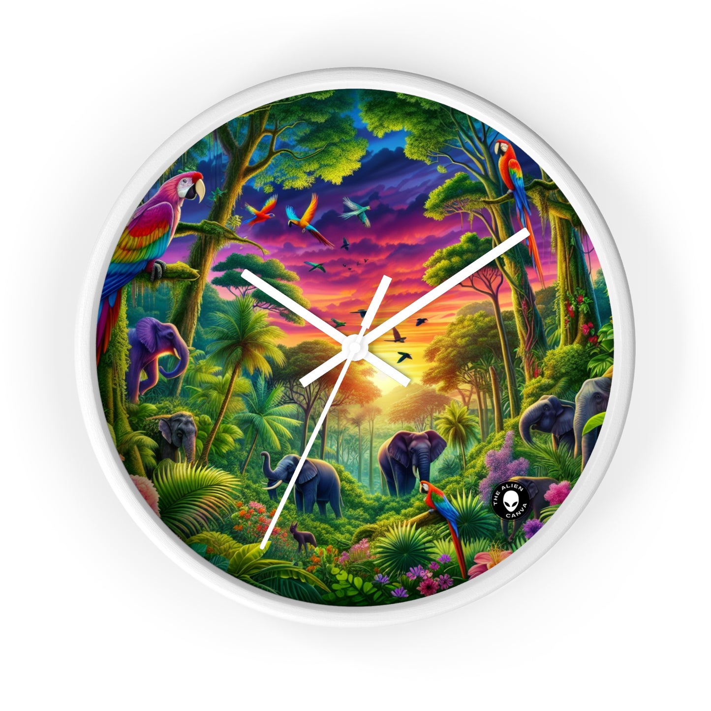 « Coucher de soleil dans la nature : une aventure dans la jungle arc-en-ciel » – L'horloge murale Alien