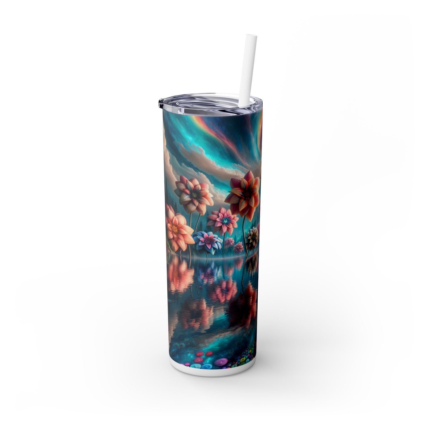 "Enchanted Waters: A Floral Dreamland" - The Alien Maars® Skinny Tumbler with Straw 20oz