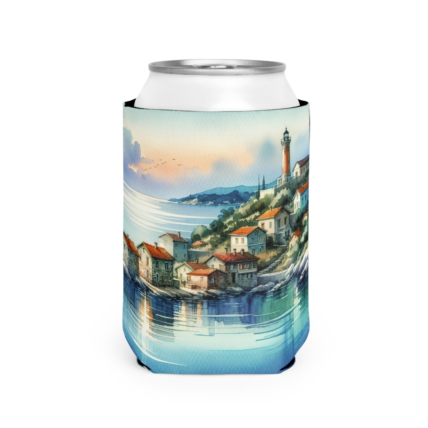 « Aperçu d’un havre de bord de mer » - The Alien Can Cooler Sleeve Aquarelle Style de peinture