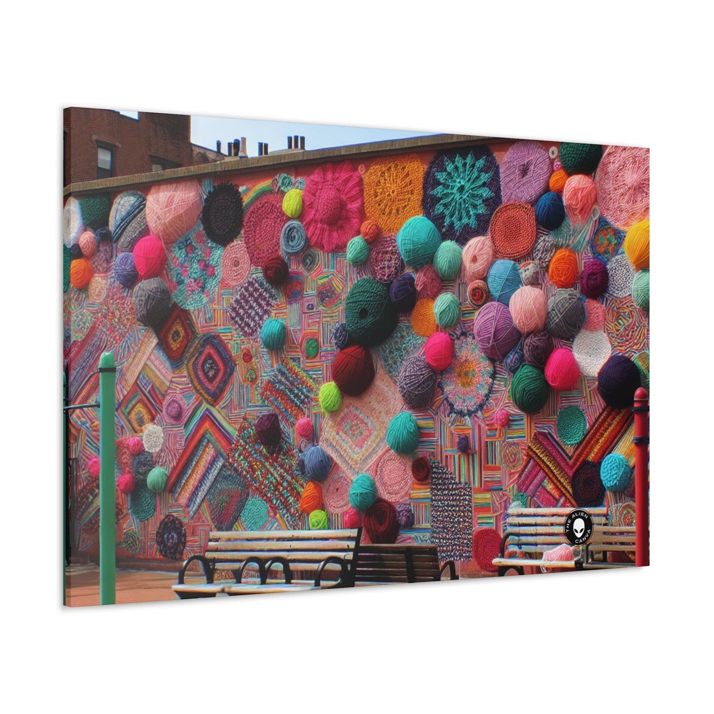 "Yarn of Joy: Une fresque extérieure colorée" - Le bombardement de fils Alien Canva (Fiber Art)