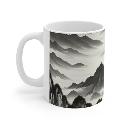 "Misty Peaks in the Fog" - Taza de cerámica alienígena, estilo de pintura con lavado de tinta de 11 oz