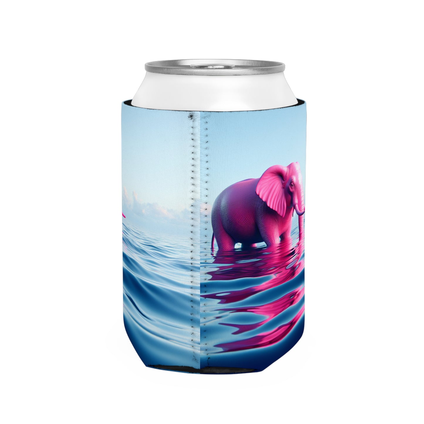 "L'éléphant rose dans la mer d'un bleu profond" - The Alien Can Cooler Sleeve Un éléphant rose flottant dans l'océan