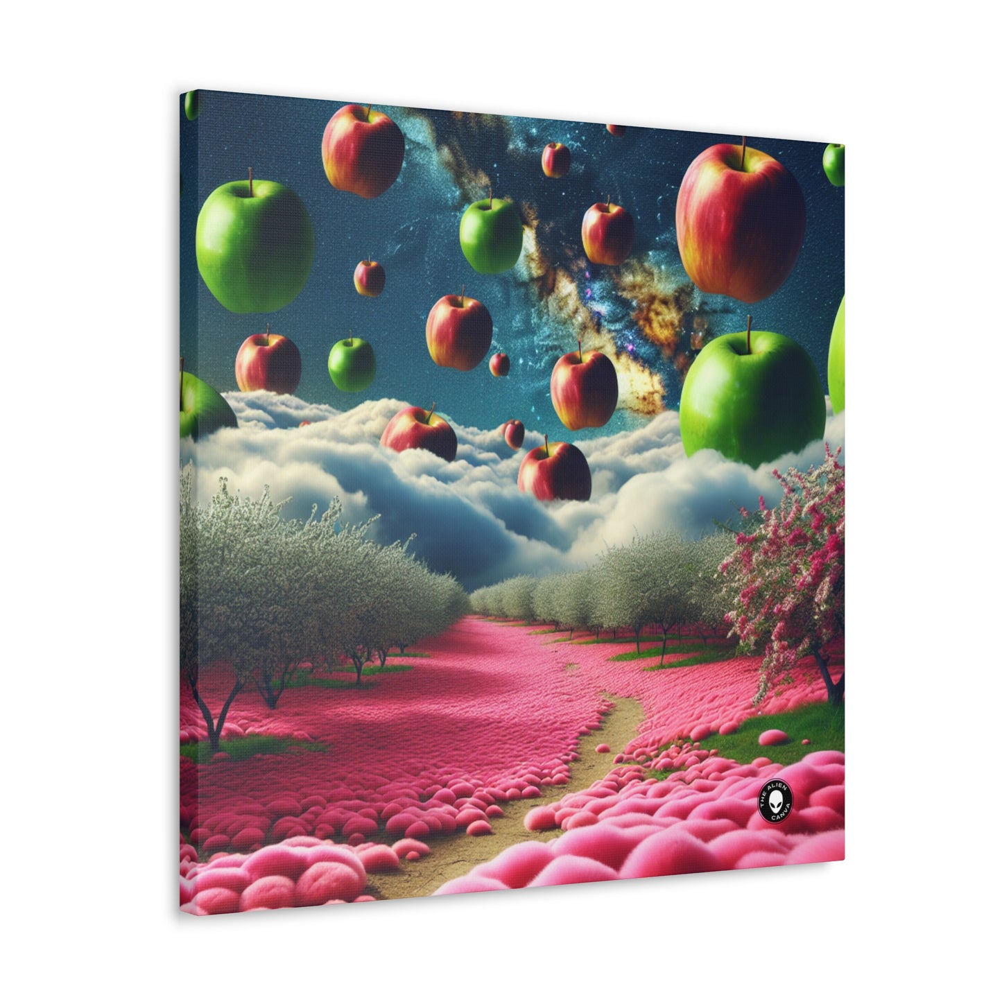 "Apple Sky and Pink Flower Carpet: A Surreal Landscape" - The Alien Canva