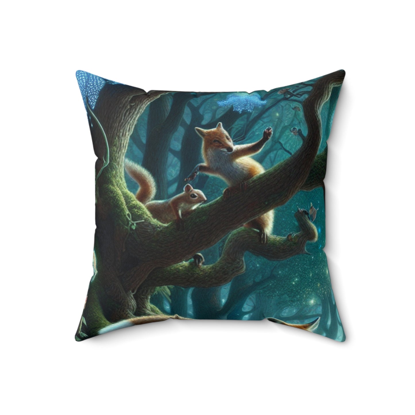 "Mystical Menagerie: Creatures frolicking in an enchanted forest"- The Alien Spun Polyester Square Pillow