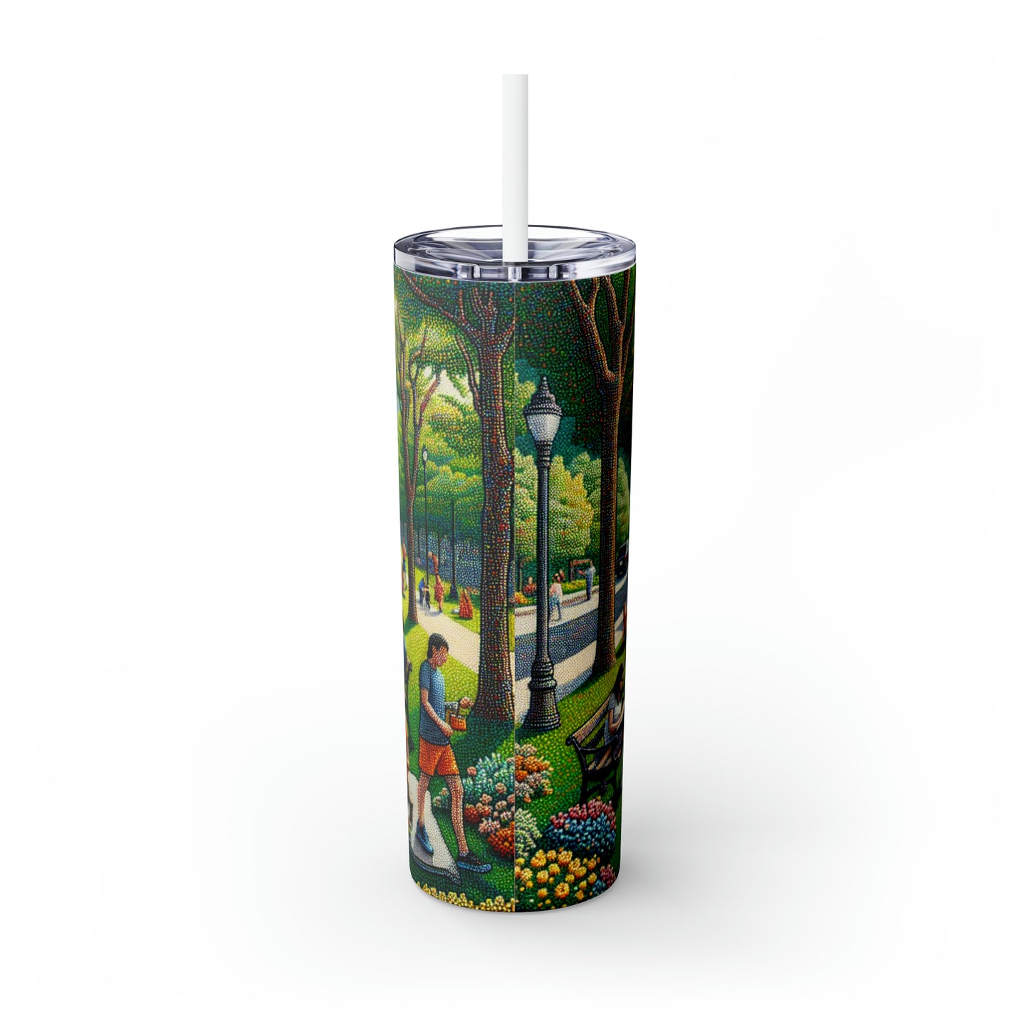 "Dotty Cityscape" - The Alien Maars® Skinny Tumbler with Straw 20oz Pointillism Style