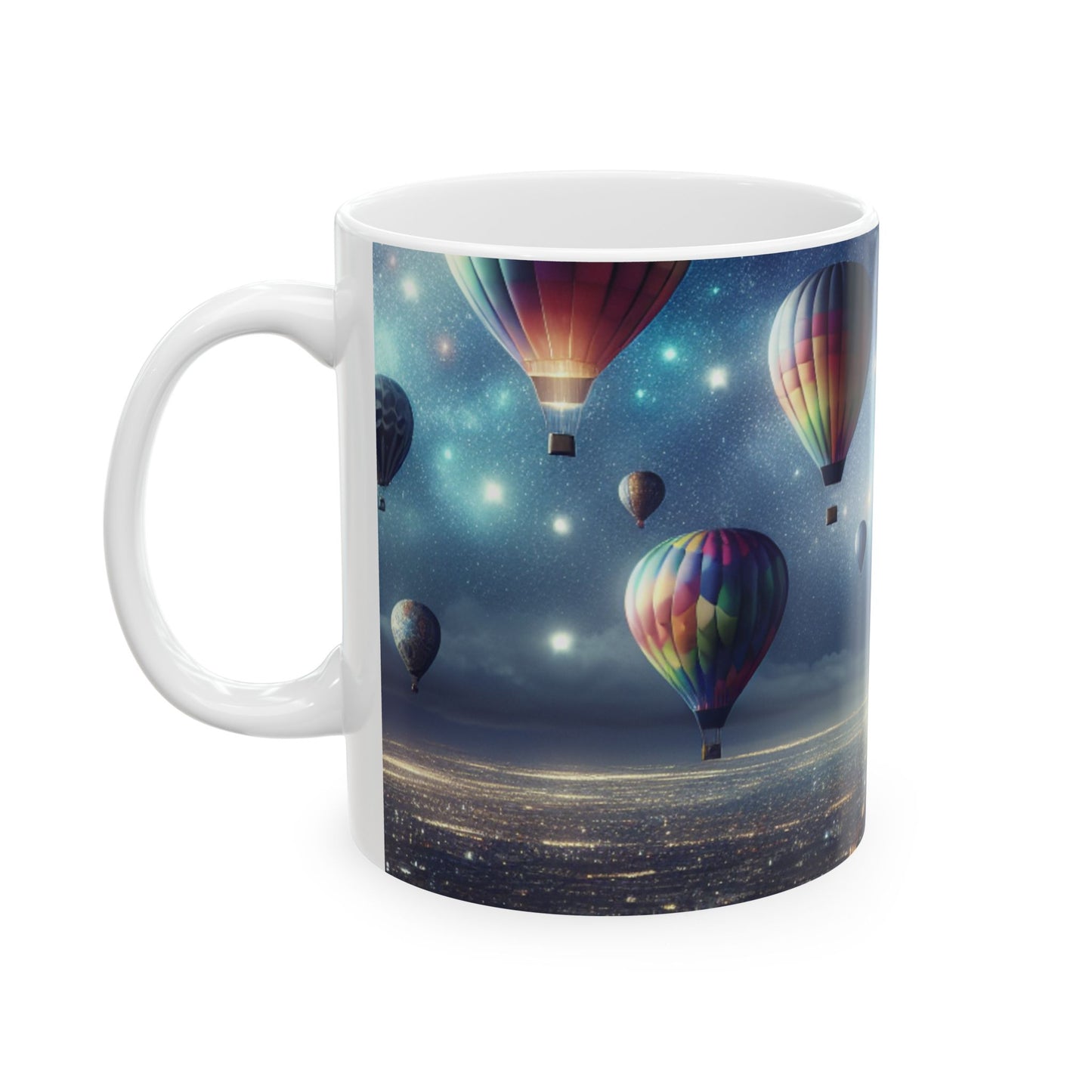 "Viaje nocturno estrellado: globos aerostáticos sobre la ciudad" - Taza de cerámica de 11 oz de The Alien