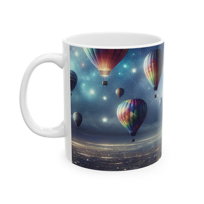 "Viaje nocturno estrellado: globos aerostáticos sobre la ciudad" - Taza de cerámica de 11 oz de The Alien