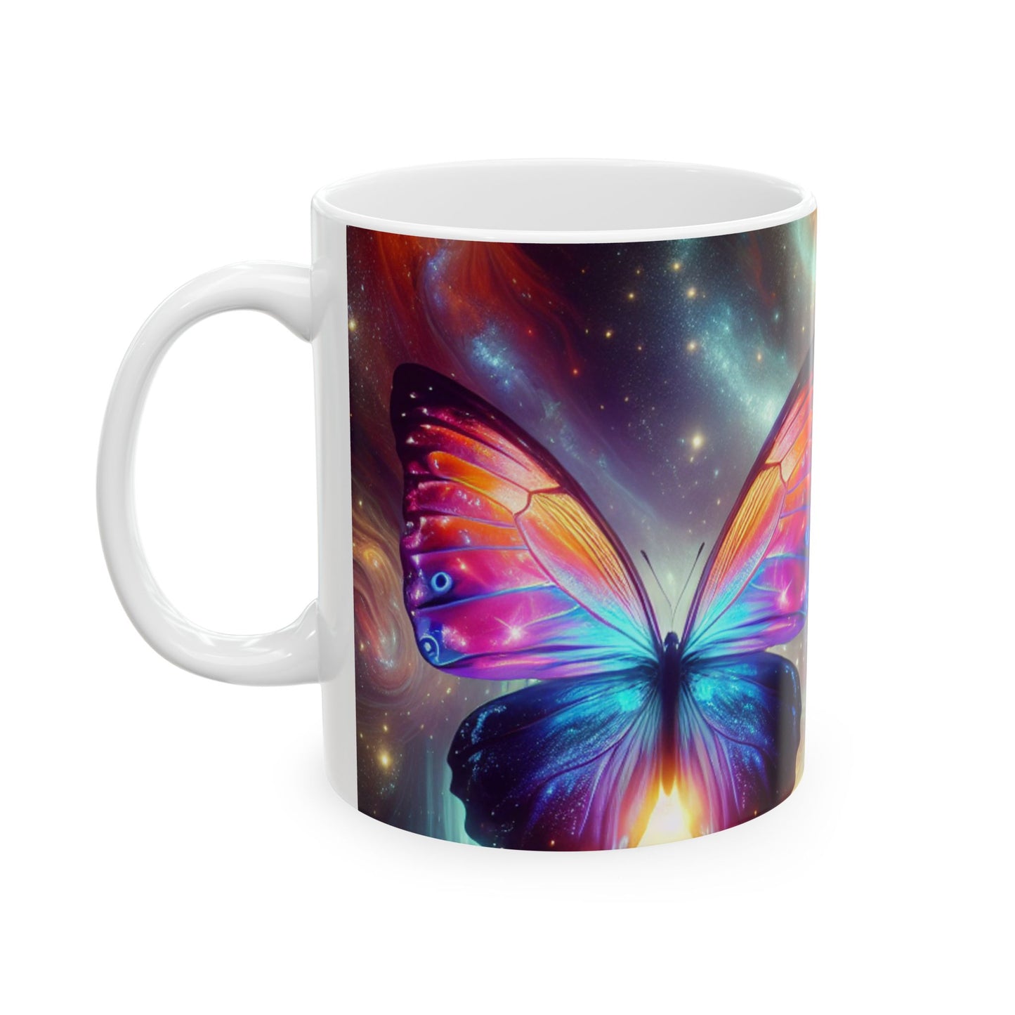 "Mariposa galáctica: un espectáculo cósmico" - Taza de cerámica alienígena de 11 oz