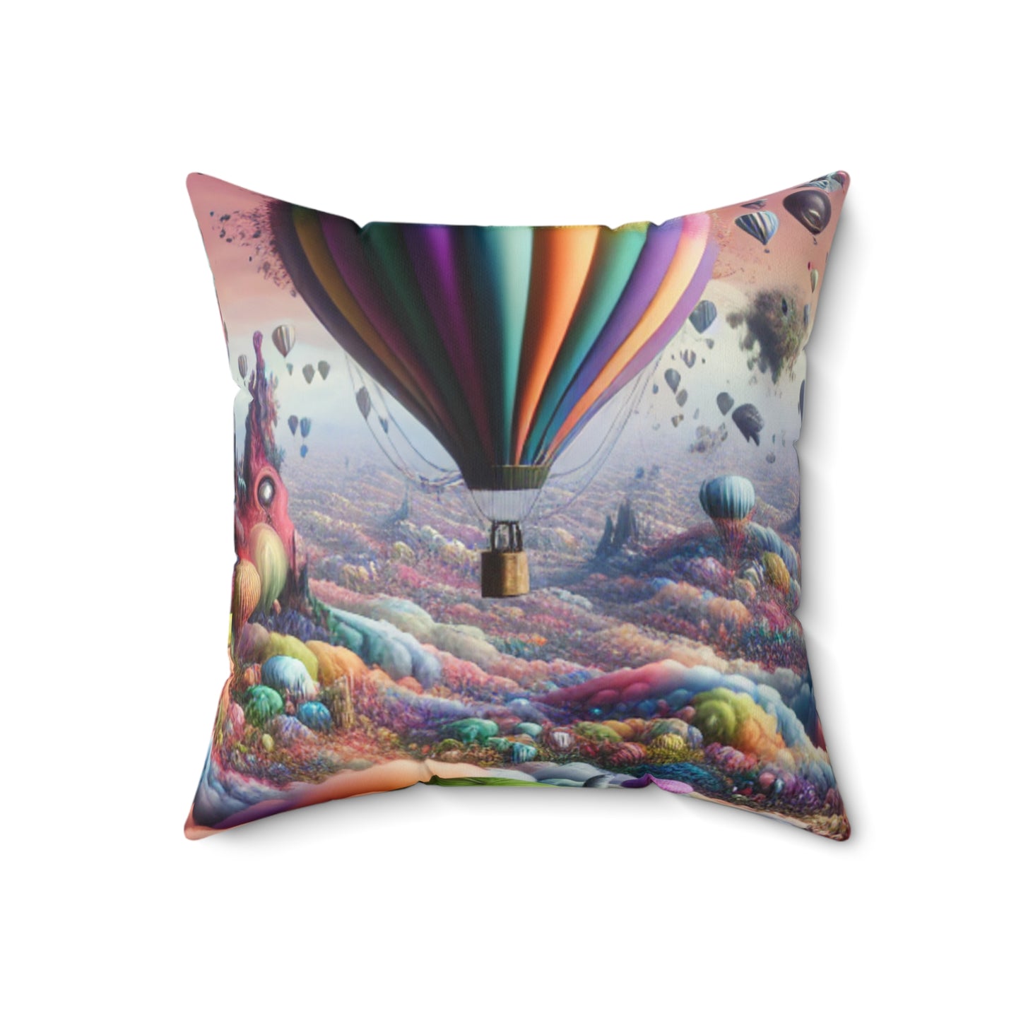 "Whimsical Sky: A Surreal Balloon Adventure" - Almohada cuadrada de poliéster hilado de The Alien