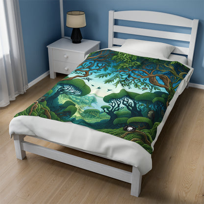 "Enchanted Woodland: Where Trees Dance and Creatures Roam" - The Alien Velveteen Plush Blanket