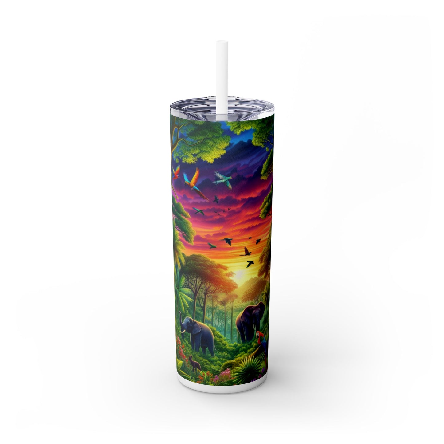 "Sundown in the Wild: A Rainbow Jungle Adventure" - The Alien Maars® Skinny Tumbler with Straw 20oz