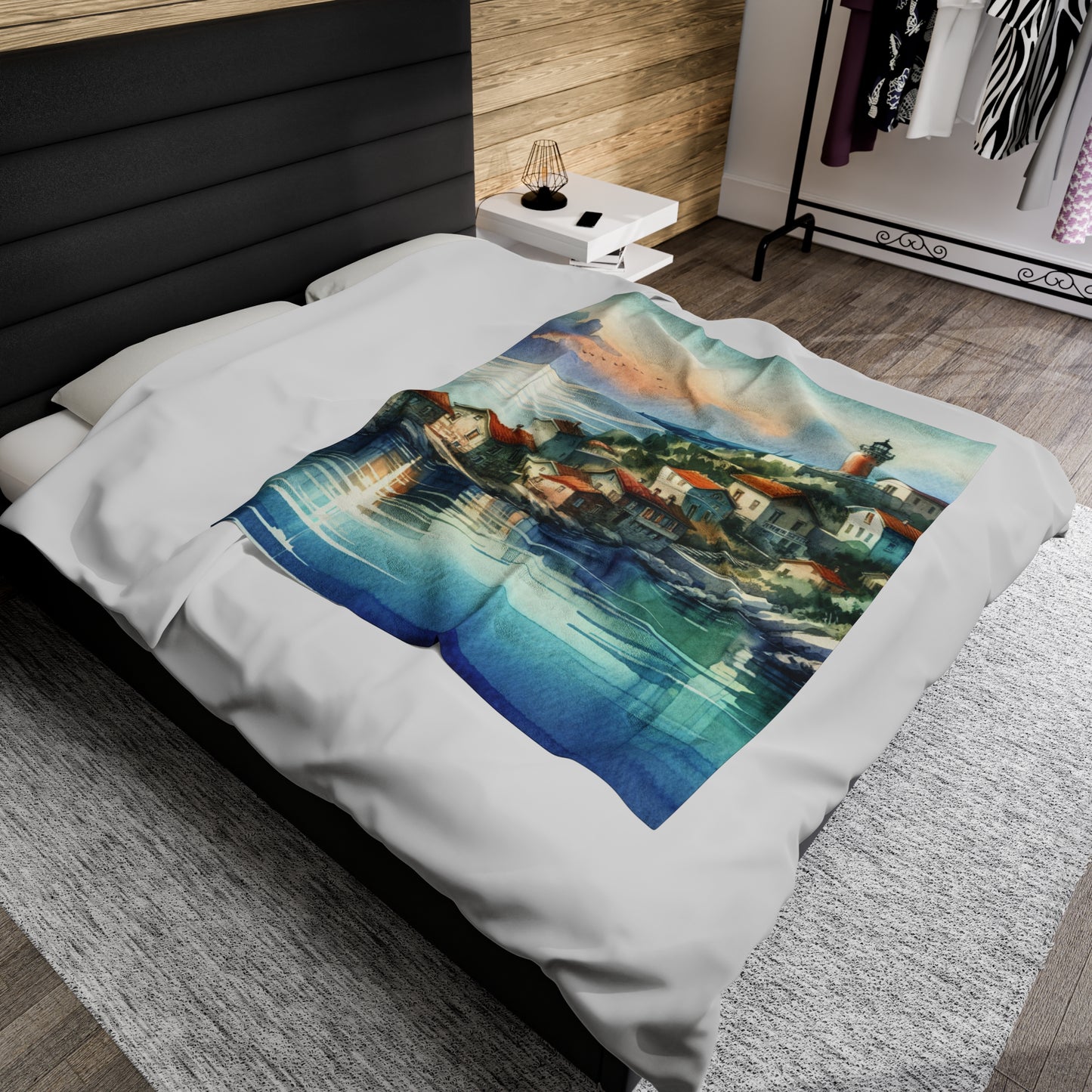 "Glimpse of a Seaside Haven" - The Alien Velveteen Plush Blanket Watercolor Painting Style