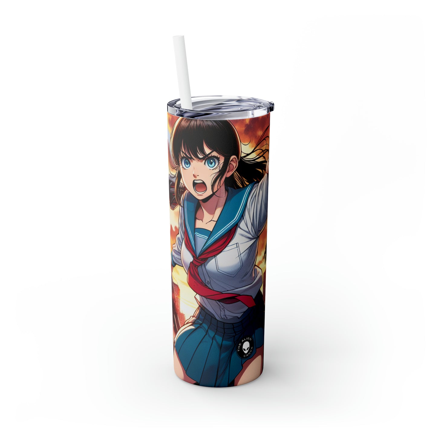 "Chica uniformada salva la ciudad de los invasores". - Vaso delgado con pajita The Alien Maars® de 20 oz Arte manga/anime