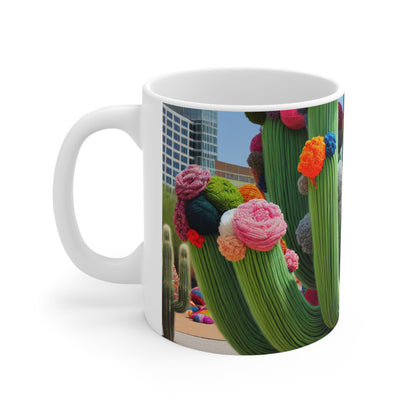 "Cactus rellenos de hilo en el cielo" - Taza de cerámica alienígena Estilo bombardeo de hilo de 11 oz (arte de fibra)