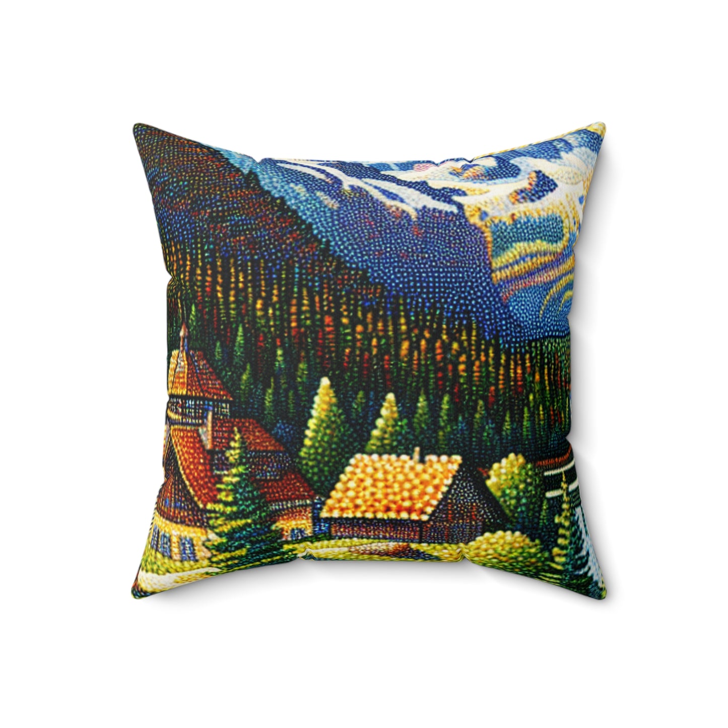 "Tranquil Sunset: A Pointillist Masterpiece of Serene Countryside"- The Alien Spun Polyester Square Pillow Pointillism