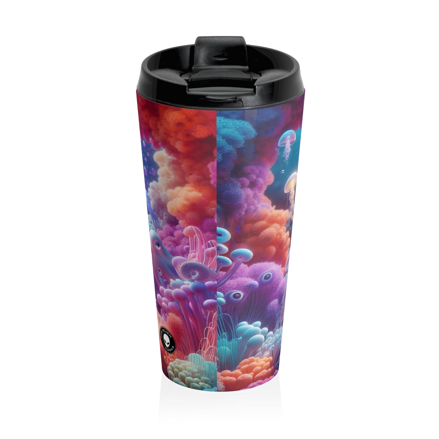 Enchanting Underwater Realm: Glowing Jellyfish and Curious Octopus - The Alien Stainless Steel Travel Mug