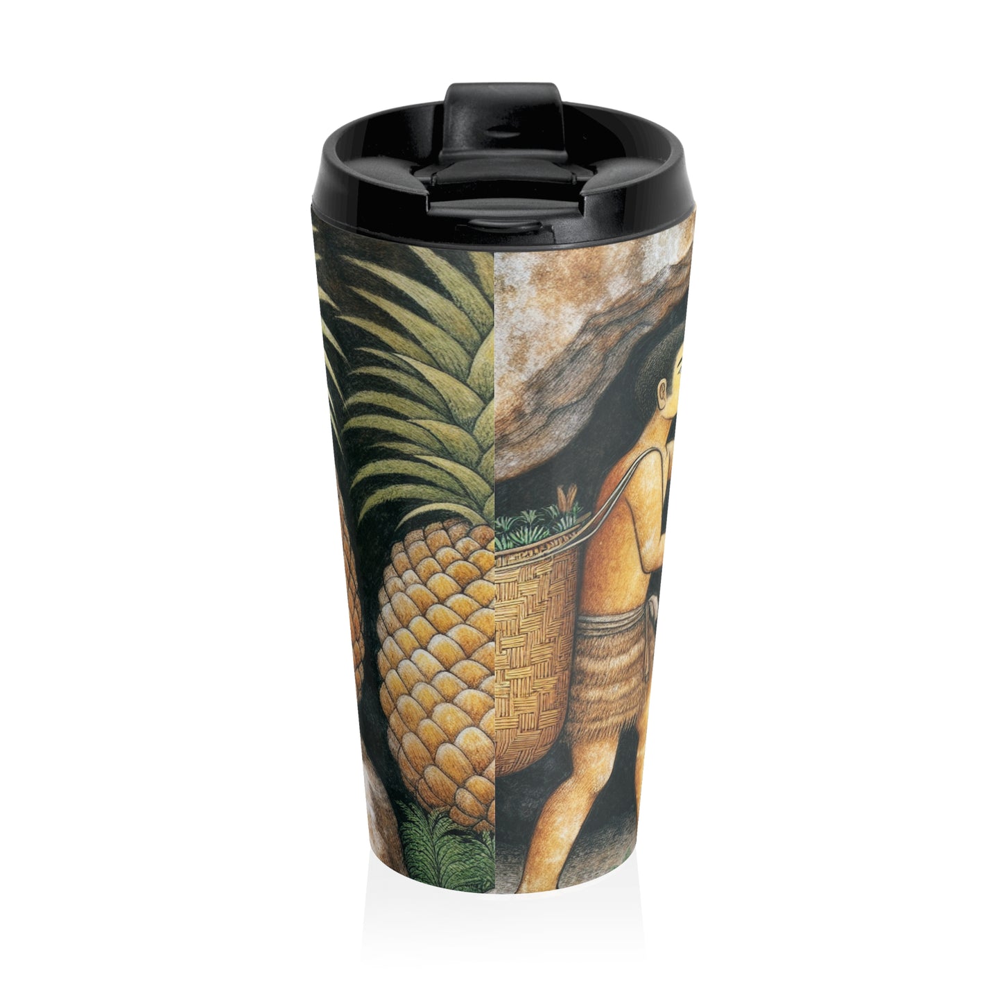 "Cosecha de piñas" - Taza de viaje de acero inoxidable alienígena estilo pintura rupestre