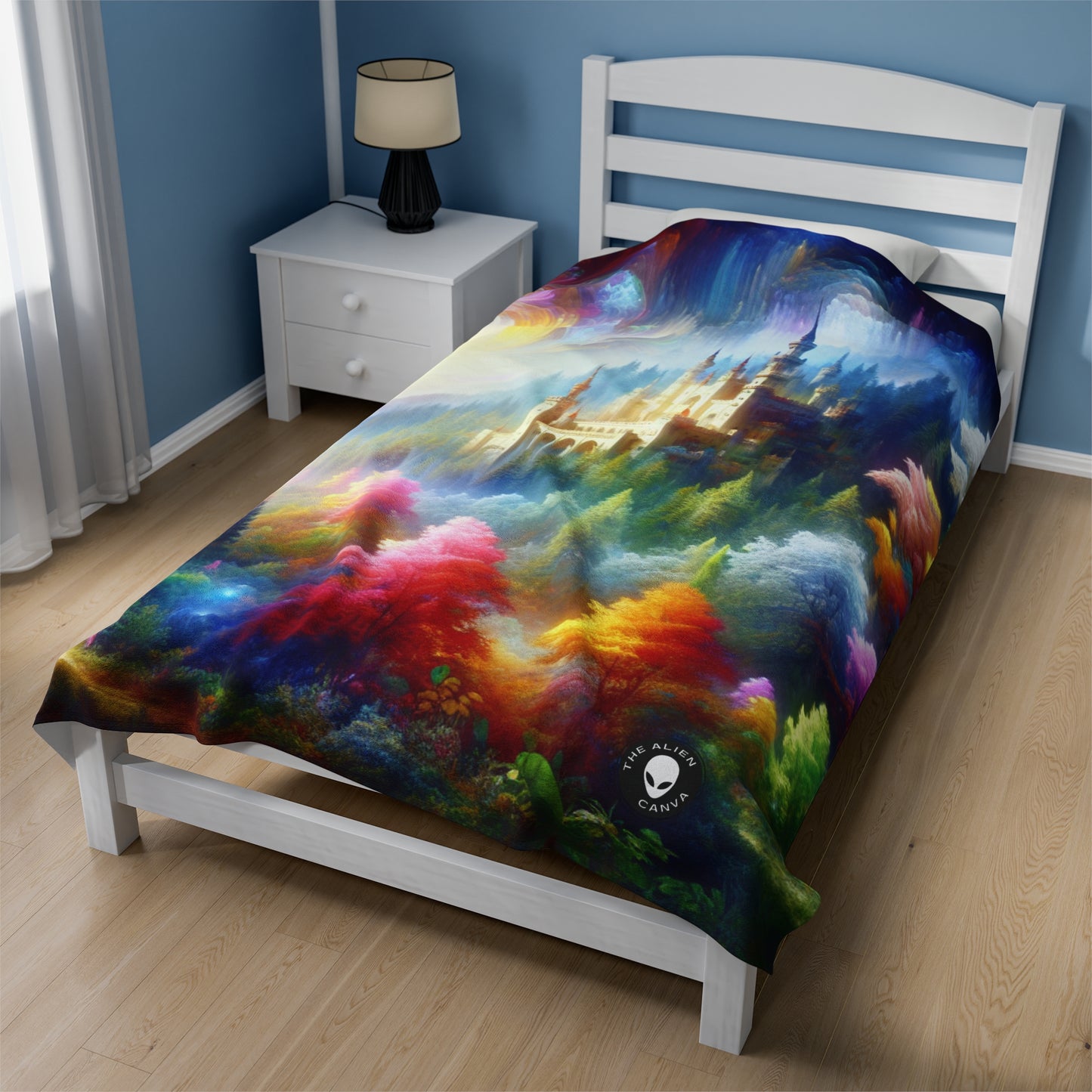 "Glowing Enchantment: The Castle in the Colorful Forest" - The Alien Velveteen Plush Blanket