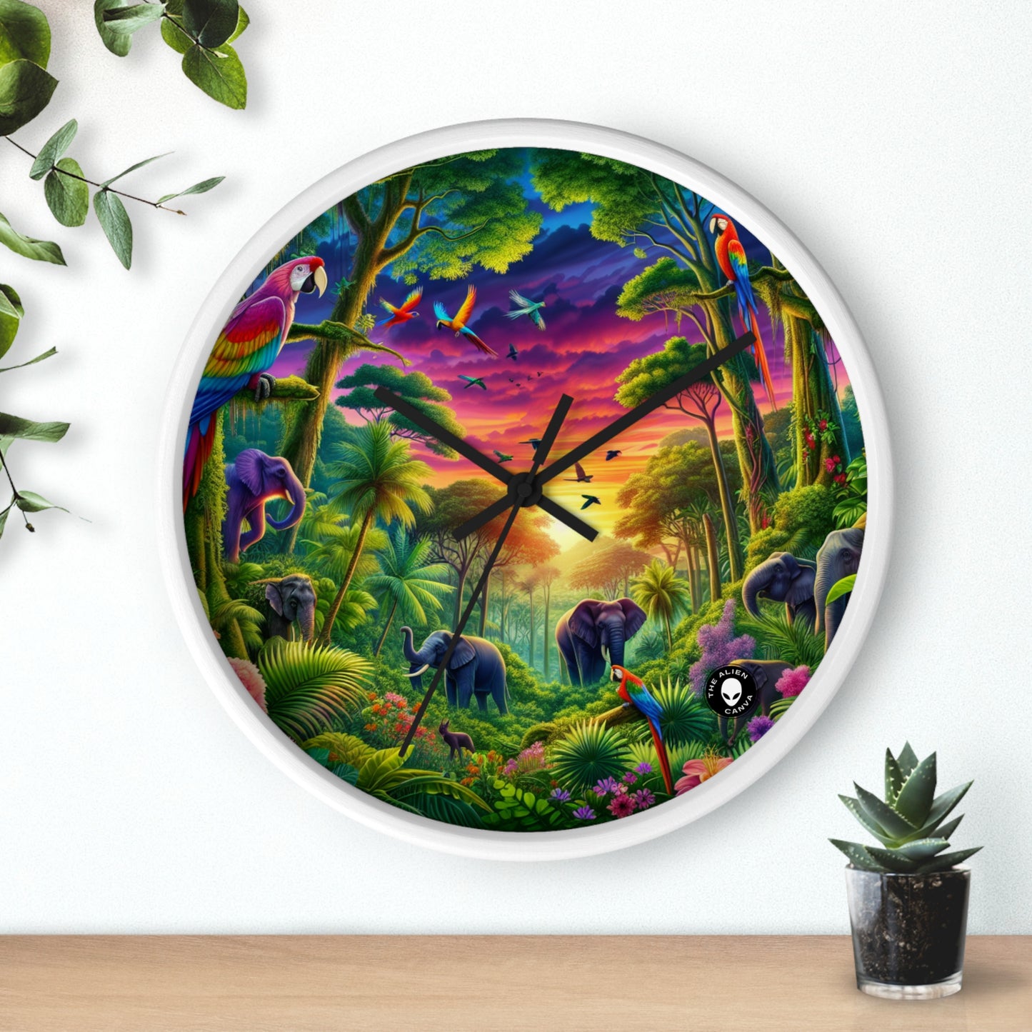 « Coucher de soleil dans la nature : une aventure dans la jungle arc-en-ciel » – L'horloge murale Alien