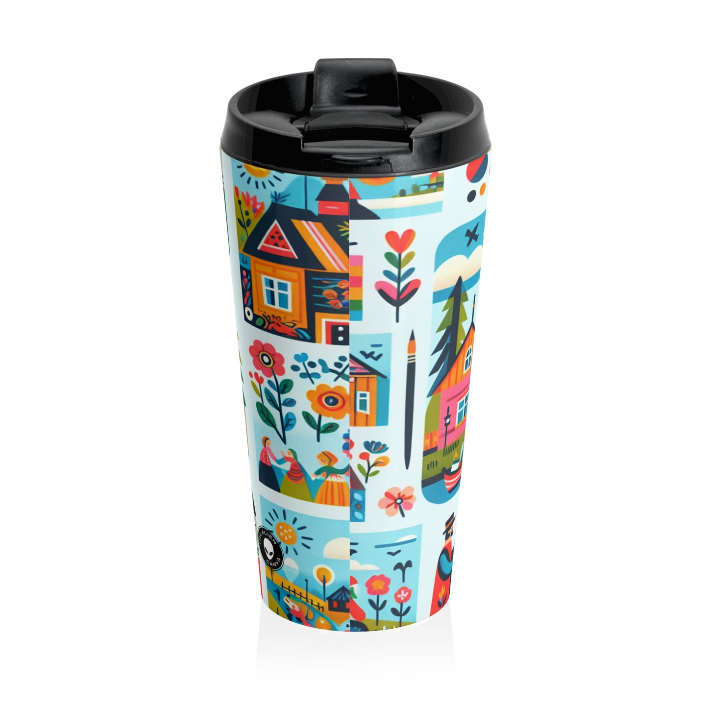 "Whimsical Village: A Folk Art Fairytale" - The Alien Stainless Steel Travel Mug Folk Art