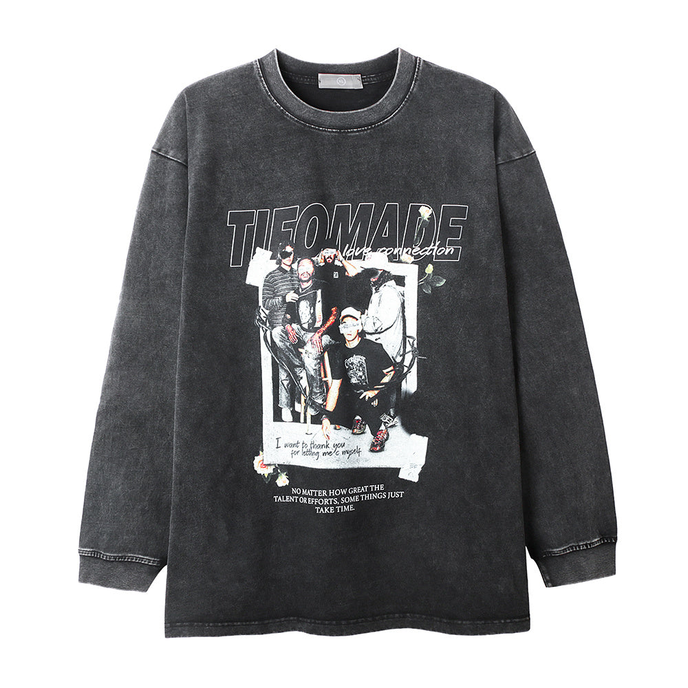 Men's Washed Old Character Printed Long-sleeved T-shirt