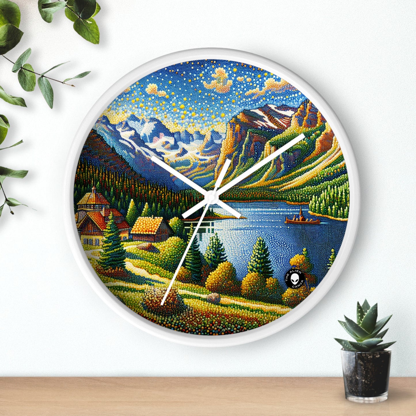 "Coucher de soleil tranquille : un chef-d'œuvre pointilliste d'une campagne sereine" - The Alien Wall Clock Pointillism