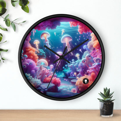 Enchanting Underwater Realm: Glowing Jellyfish and Curious Octopus - The Alien Wall Clock