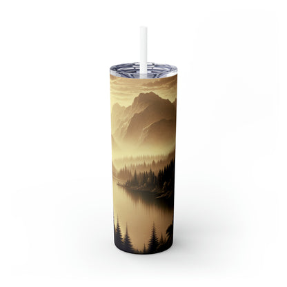 "Dawn at the Lake: A Foggy Mountain Morning" - The Alien Maars® Skinny Tumbler with Straw 20oz Tonalism Style