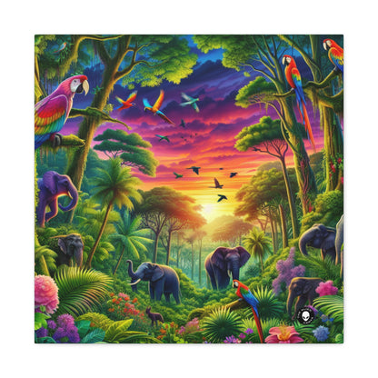 « Coucher de soleil dans la nature : une aventure dans la jungle arc-en-ciel » - The Alien Canva