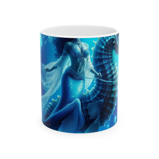 "Magia de sirena: viaje con el caballito de mar gigante" - Taza de cerámica extraterrestre de 11 oz